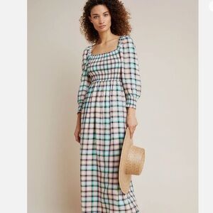 Maeve Anthropologie Cerie Plaid Puff Sleeve Smocked Midi Maxi Dress